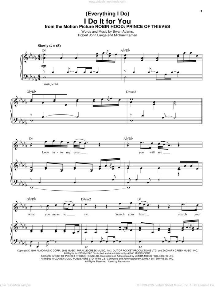 (Everything I Do) I Do It For You sheet music for voice and piano by Bryan Adams, Michael Kamen and Robert John Lange, wedding score, intermediate skill level