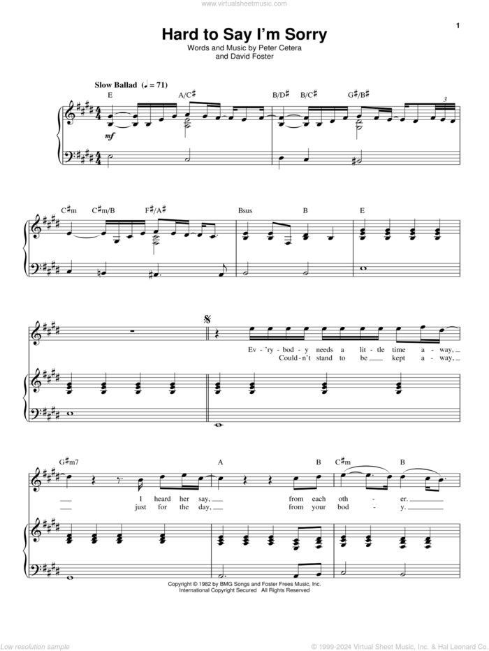 Hard To Say I'm Sorry sheet music for voice and piano by Chicago, David Foster and Peter Cetera, intermediate skill level