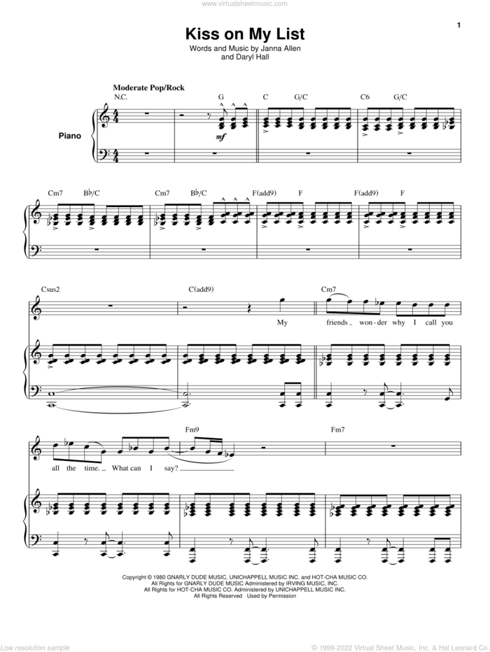 Kiss On My List sheet music for voice and piano by Hall and Oates, Daryl Hall and Janna Allen, intermediate skill level