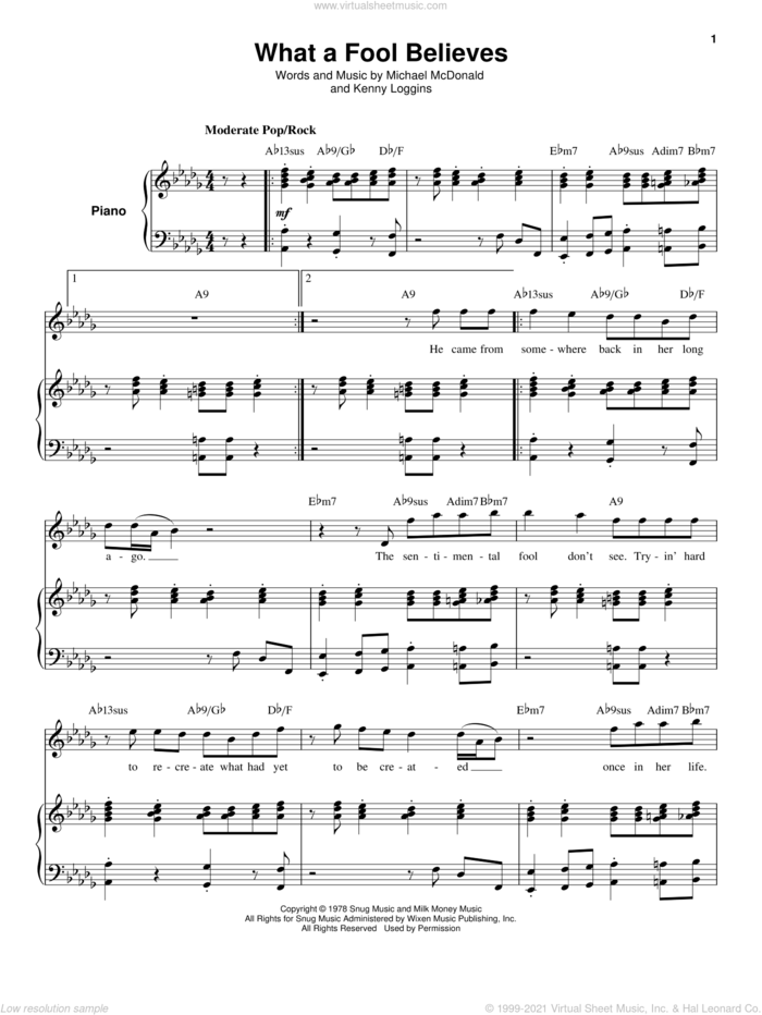 What A Fool Believes sheet music for voice and piano by The Doobie Brothers, Kenny Loggins and Michael McDonald, intermediate skill level