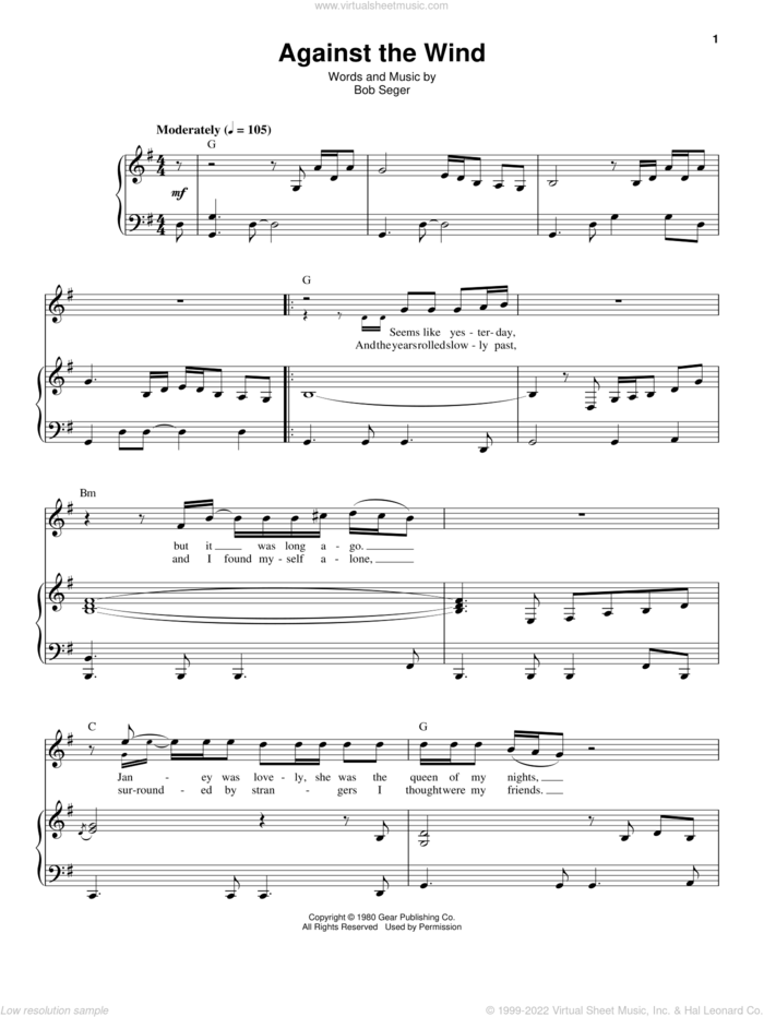 Against The Wind sheet music for voice and piano by Bob Seger and Bob Seger & The Silver Bullet Band, intermediate skill level