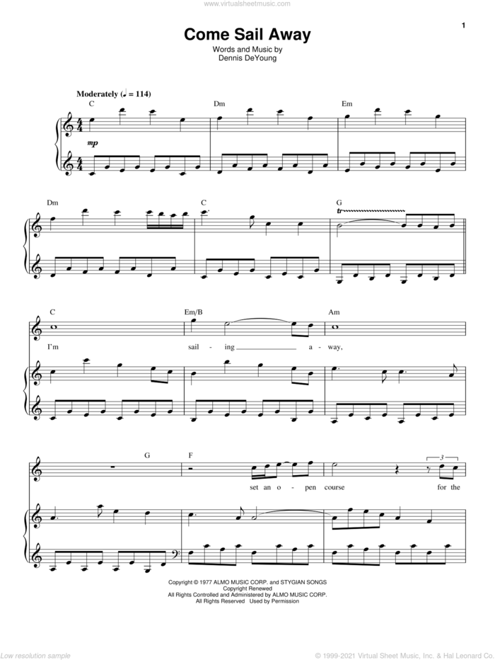 Come Sail Away sheet music for voice and piano by Styx and Dennis DeYoung, intermediate skill level