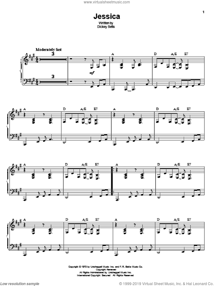Jessica sheet music for voice and piano by Allman Brothers Band, The Allman Brothers Band and Dickey Betts, intermediate skill level