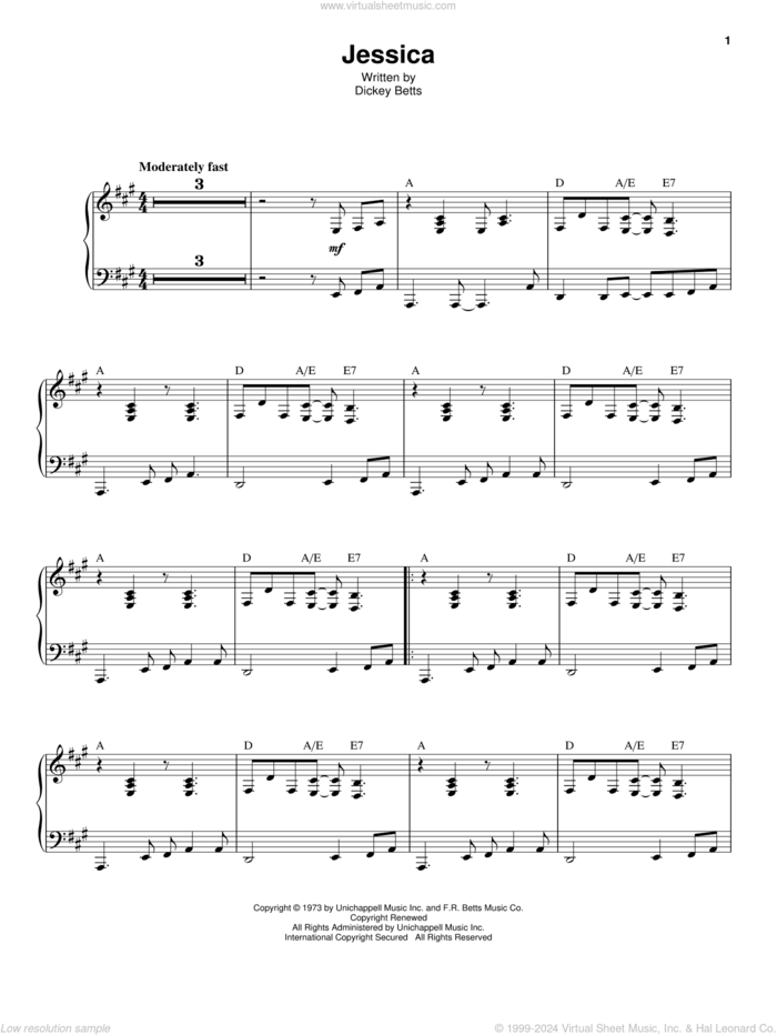 Jessica sheet music for voice and piano by Allman Brothers Band, The Allman Brothers Band and Dickey Betts, intermediate skill level