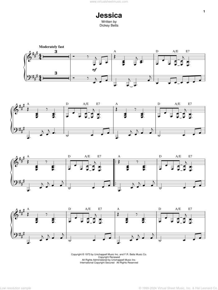 Jessica sheet music for voice and piano by Allman Brothers Band, The Allman Brothers Band and Dickey Betts, intermediate skill level