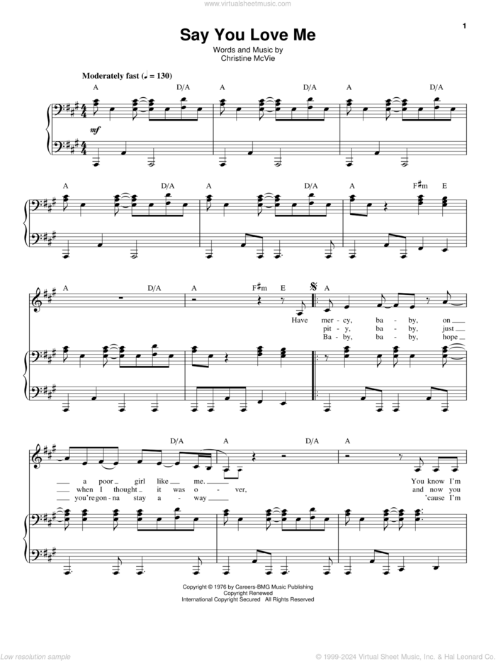 Say You Love Me sheet music for voice and piano by Fleetwood Mac and Christine McVie, intermediate skill level