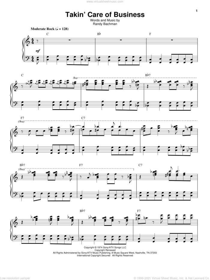 Takin' Care Of Business sheet music for voice and piano by Bachman-Turner Overdrive and Randy Bachman, intermediate skill level