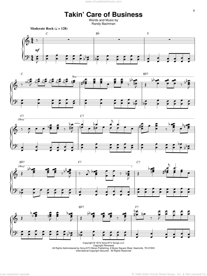 Takin' Care Of Business sheet music for voice and piano by Bachman-Turner Overdrive and Randy Bachman, intermediate skill level