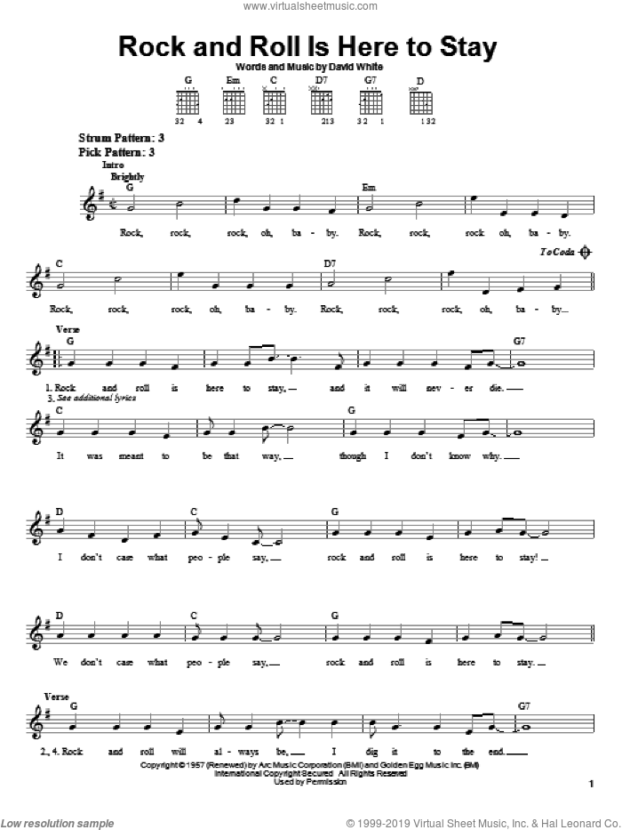 Rock And Roll Is Here To Stay sheet music for guitar solo (chords) by Danny & The Juniors and David White, easy guitar (chords)