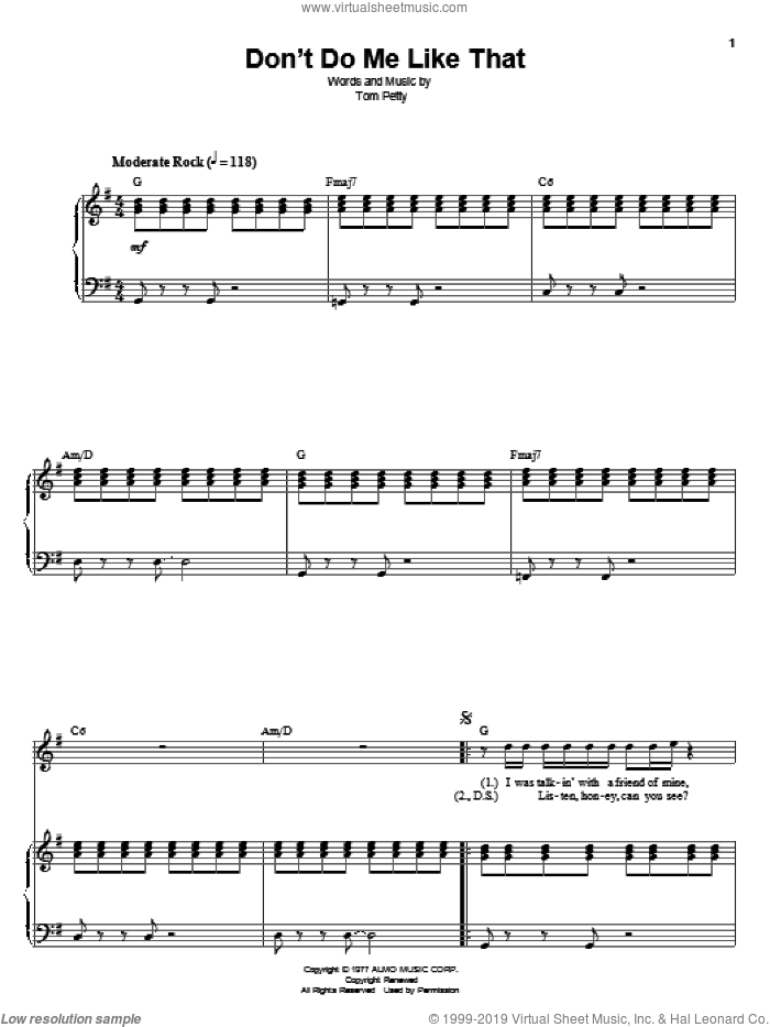 Don't Do Me Like That sheet music for voice and piano by Tom Petty And The Heartbreakers and Tom Petty, intermediate skill level