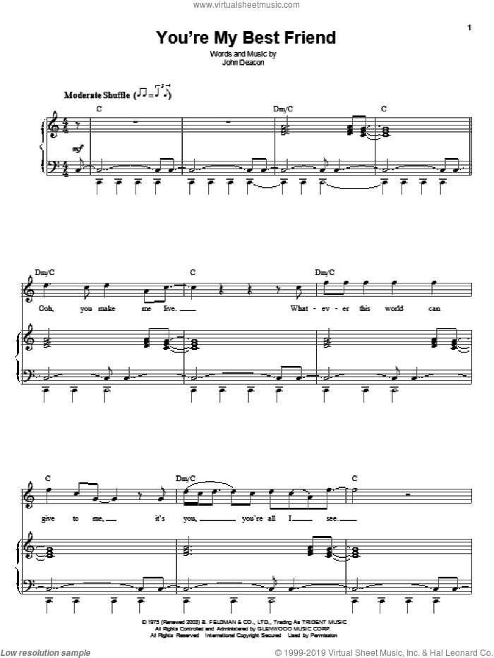 You're My Best Friend sheet music for voice and piano by Queen and John Deacon, intermediate skill level