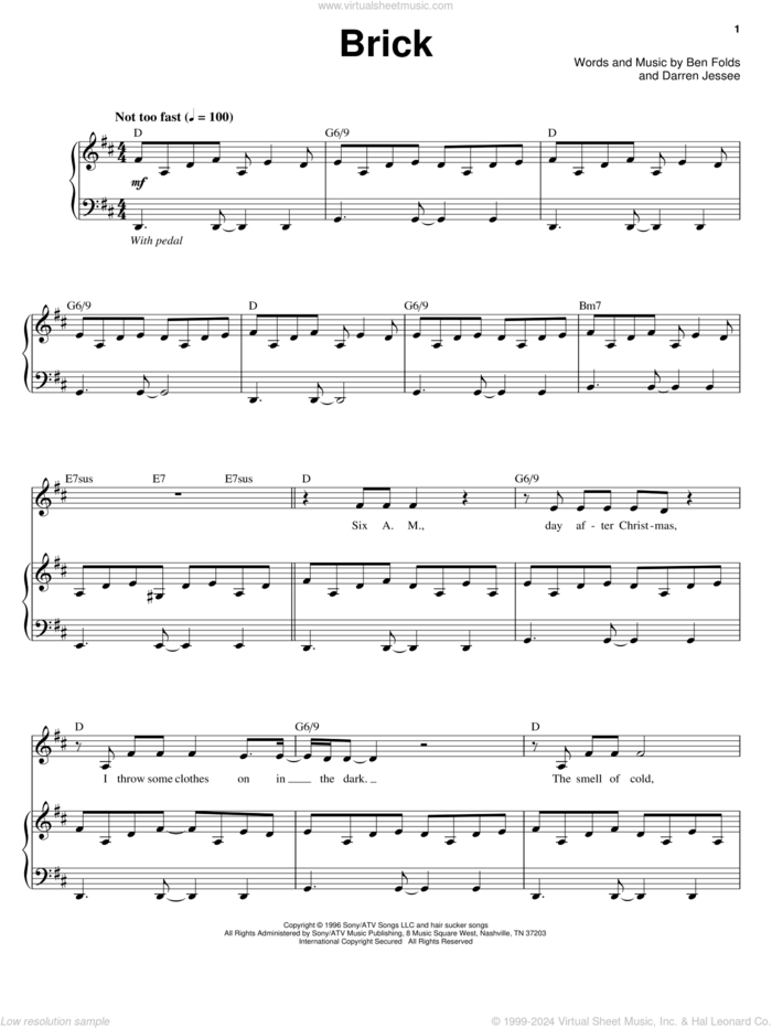 Brick sheet music for voice and piano by Ben Folds Five, Ben Folds and Darren Jessee, intermediate skill level