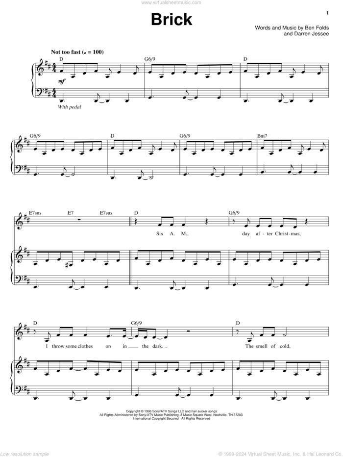 Brick sheet music for voice and piano by Ben Folds Five, Ben Folds and Darren Jessee, intermediate skill level