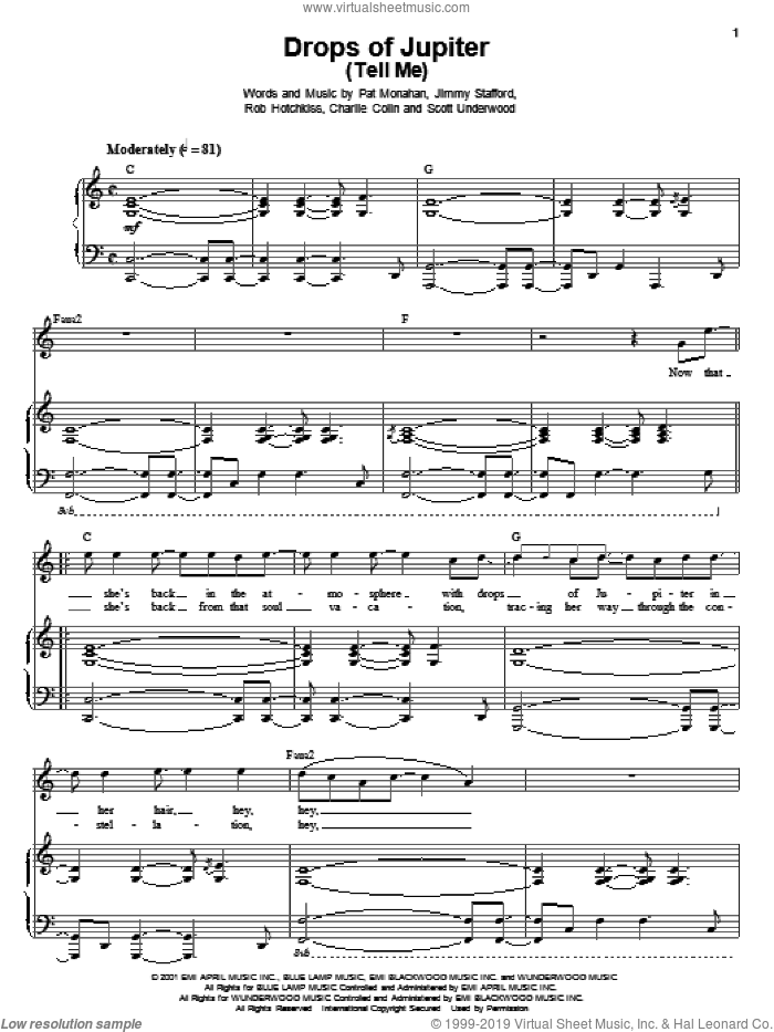 Drops Of Jupiter (Tell Me) sheet music for voice and piano by Train, Charlie Colin, Jimmy Stafford, Pat Monahan, Rob Hotchkiss and Scott Underwood, intermediate skill level