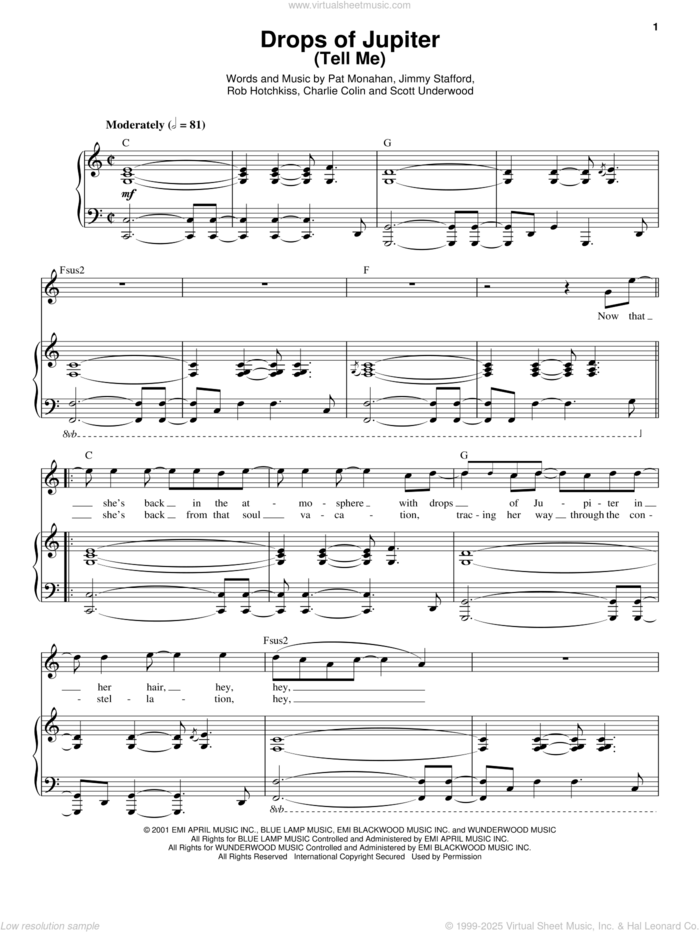 Drops Of Jupiter (Tell Me) sheet music for voice and piano by Train, Charlie Colin, Jimmy Stafford, Pat Monahan, Rob Hotchkiss and Scott Underwood, intermediate skill level