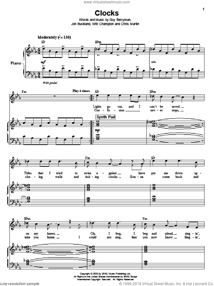 Clocks sheet music for voice and piano by Coldplay, Chris Martin, Guy Berryman, Jon Buckland and Will Champion, intermediate skill level