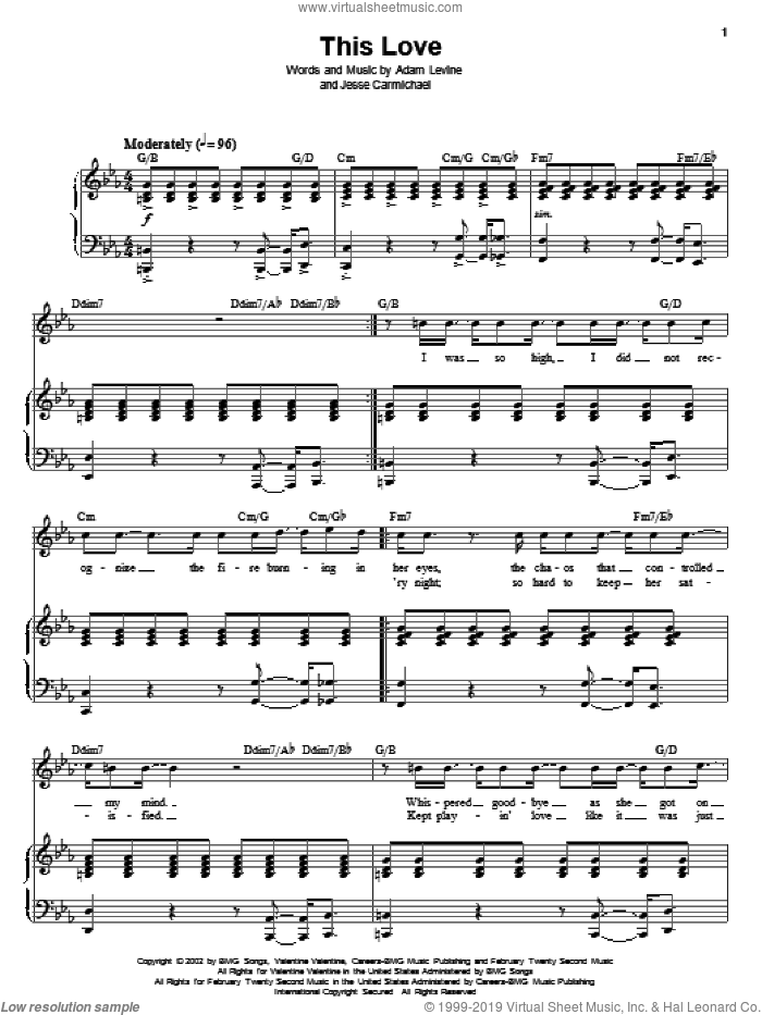 This Love sheet music for voice and piano by Maroon 5, Adam Levine and Jesse Carmichael, intermediate skill level