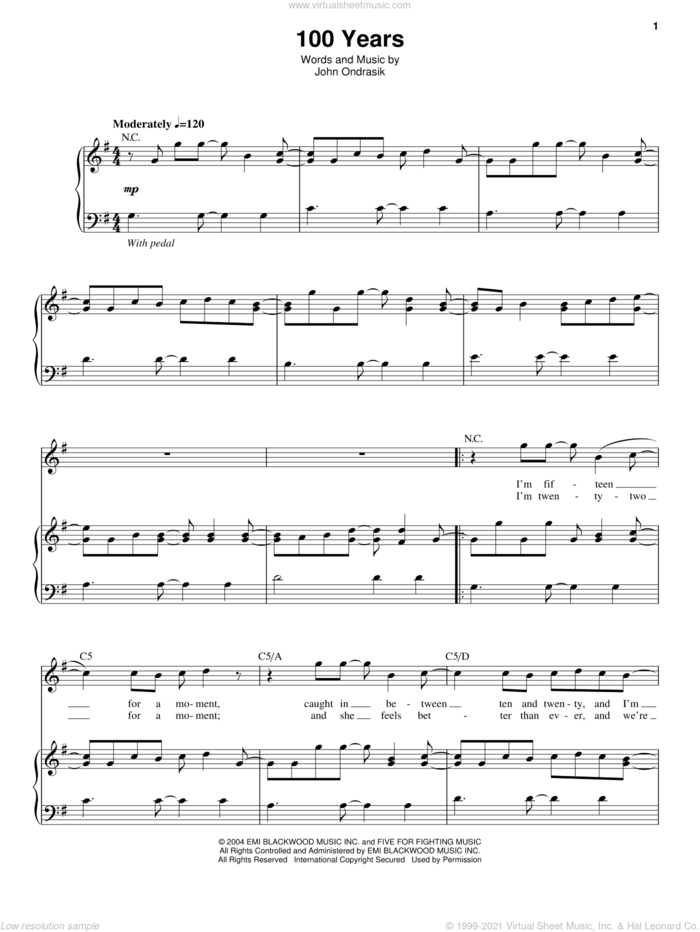 100 Years sheet music for voice and piano by Five For Fighting and John Ondrasik, intermediate skill level