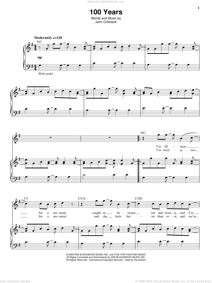 100 Years sheet music for voice and piano by Five For Fighting and John Ondrasik, intermediate skill level