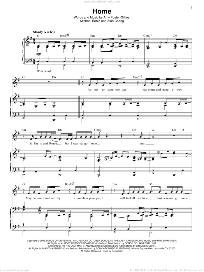 Home sheet music for voice and piano by Michael Buble, Alan Chang and Amy Foster-Gillies, intermediate skill level