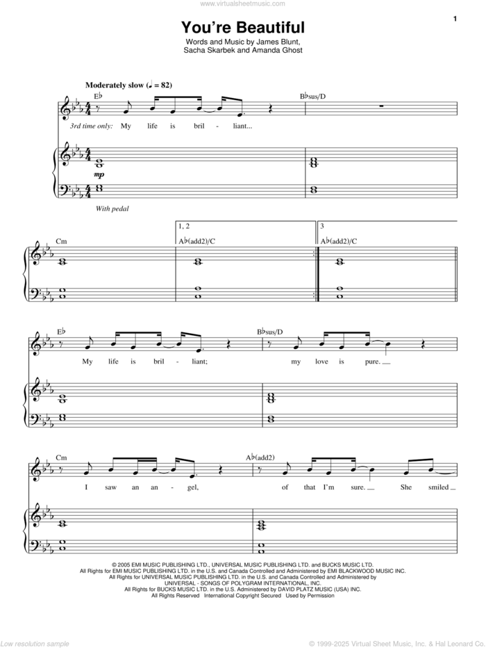 You're Beautiful sheet music for voice and piano by James Blunt, Amanda Ghost and Sacha Skarbek, intermediate skill level