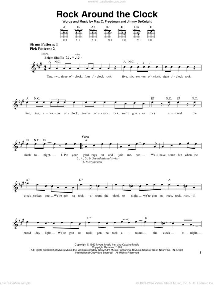 Rock Around The Clock, (easy) sheet music for guitar solo (chords) by Bill Haley & His Comets, Bill Haley, Jimmy DeKnight and Max C. Freedman, easy guitar (chords)