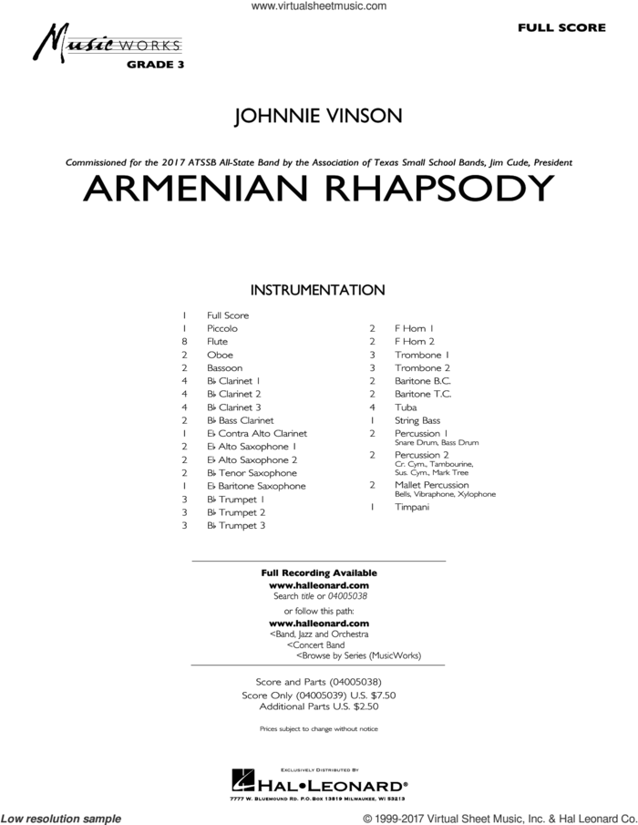 Armenian Rhapsody (COMPLETE) sheet music for concert band by Johnnie Vinson, intermediate skill level