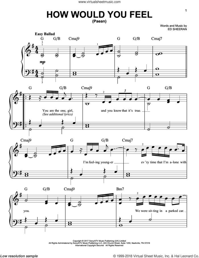 How Would You Feel (Paean), (easy) sheet music for piano solo by Ed Sheeran, easy skill level