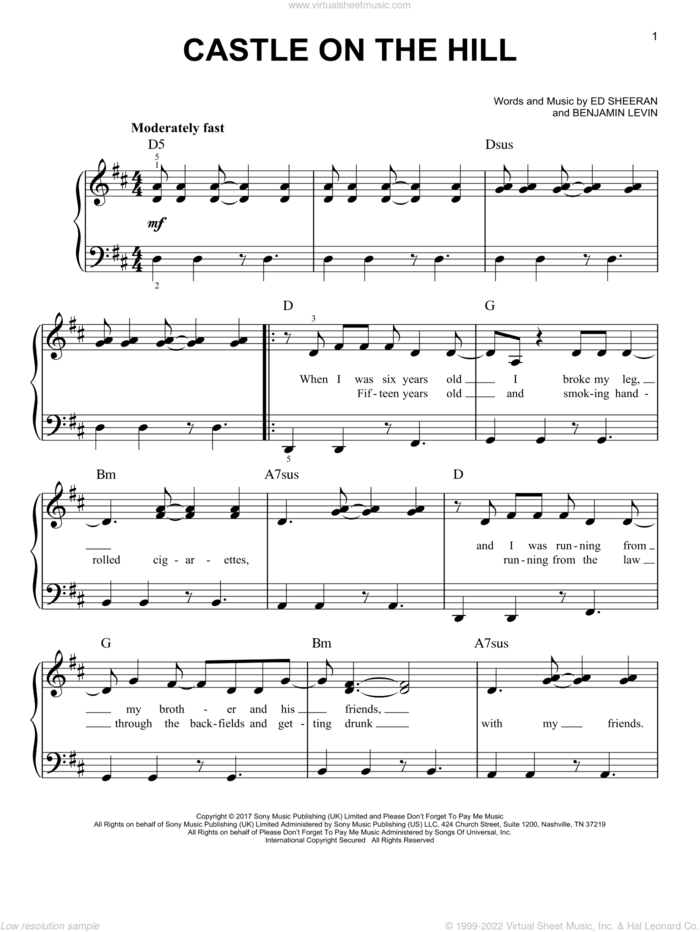 Castle On The Hill sheet music for piano solo by Ed Sheeran and Benjamin Levin, easy skill level