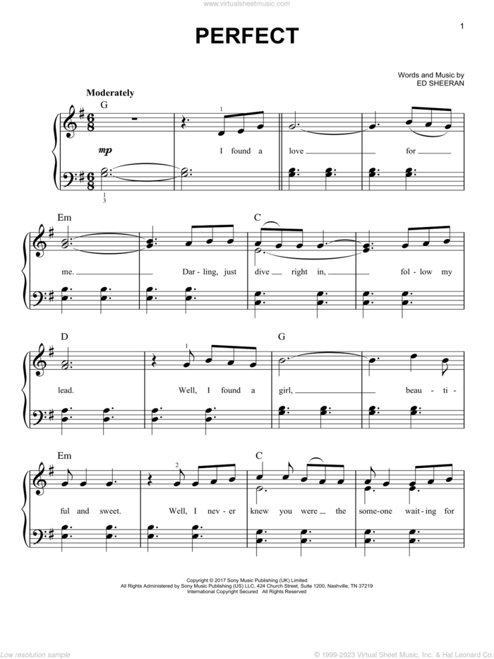 Perfect, (easy) sheet music for piano solo by Ed Sheeran, easy skill level