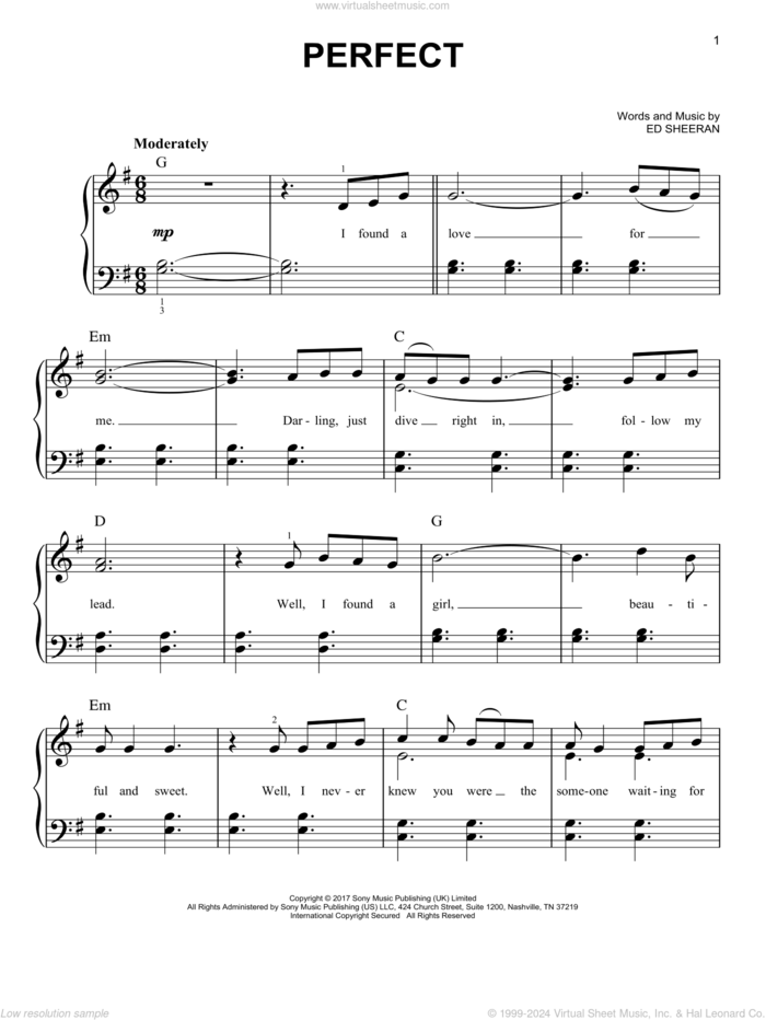 Perfect, (easy) sheet music for piano solo by Ed Sheeran, easy skill level