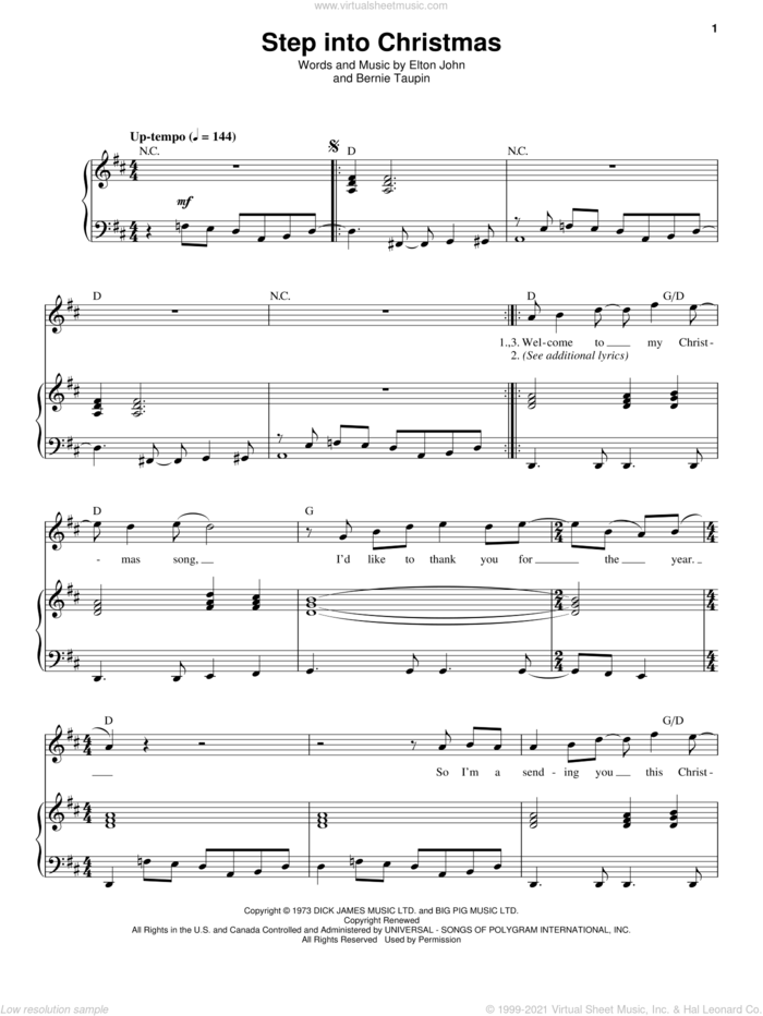 Step Into Christmas sheet music for voice and piano by Elton John and Bernie Taupin, intermediate skill level