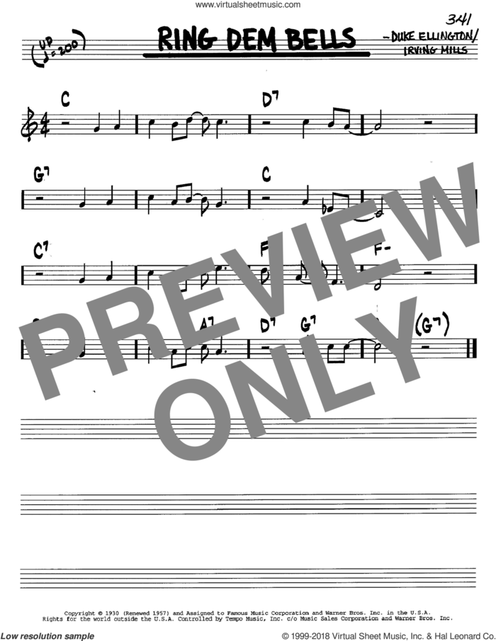 Ring Dem Bells sheet music for voice and other instruments (in C) by Duke Ellington and Irving Mills, intermediate skill level