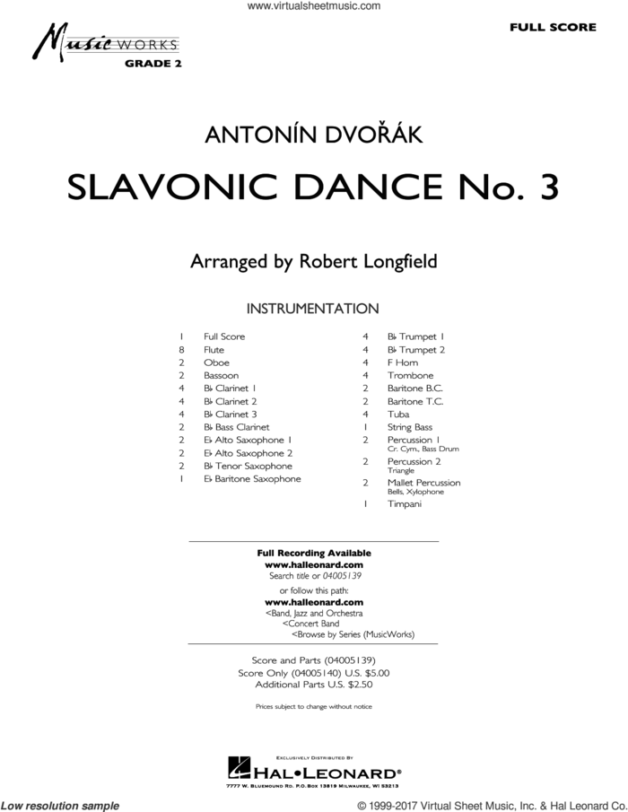 Slavonic Dance No. 3 (COMPLETE) sheet music for concert band by Robert Longfield and Antonin Dvorak and Antonin Dvorak, intermediate skill level