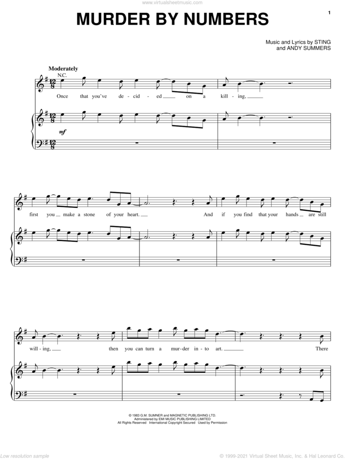 Murder By Numbers sheet music for voice, piano or guitar by The Police, Andy Summers and Sting, intermediate skill level
