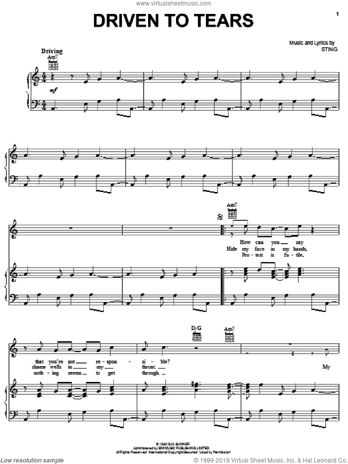 Driven To Tears sheet music for voice, piano or guitar by The Police and Sting, intermediate skill level