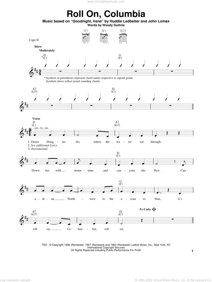 Roll On, Columbia sheet music for guitar solo (chords) by Woody Guthrie, Lead Belly, Huddie Ledbetter and John A. Lomax, easy guitar (chords)
