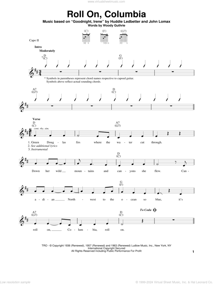 Roll On, Columbia sheet music for guitar solo (chords) by Woody Guthrie, Lead Belly, Huddie Ledbetter and John A. Lomax, easy guitar (chords)