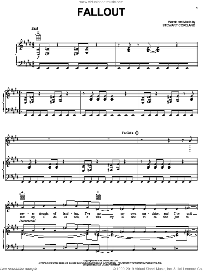 Fallout sheet music for voice, piano or guitar by The Police and Stewart Copeland, intermediate skill level