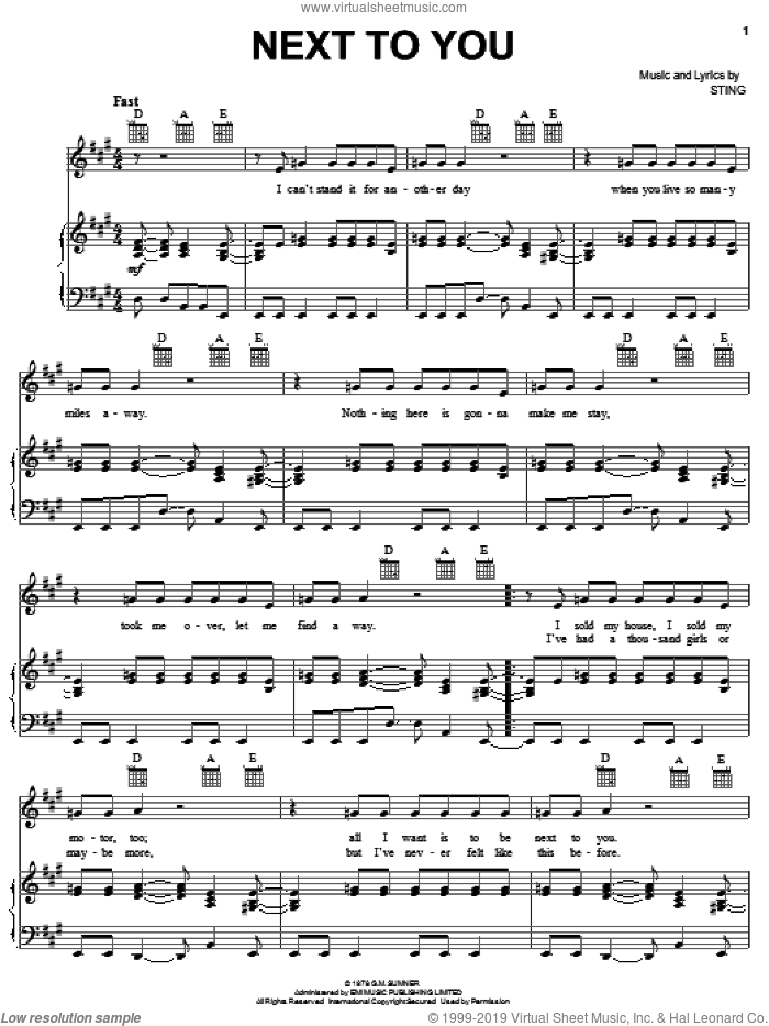 Next To You sheet music for voice, piano or guitar by The Police and Sting, intermediate skill level
