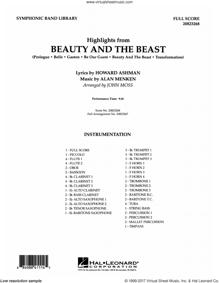 Highlights from Beauty and the Beast (COMPLETE) sheet music for concert band by John Moss, intermediate skill level