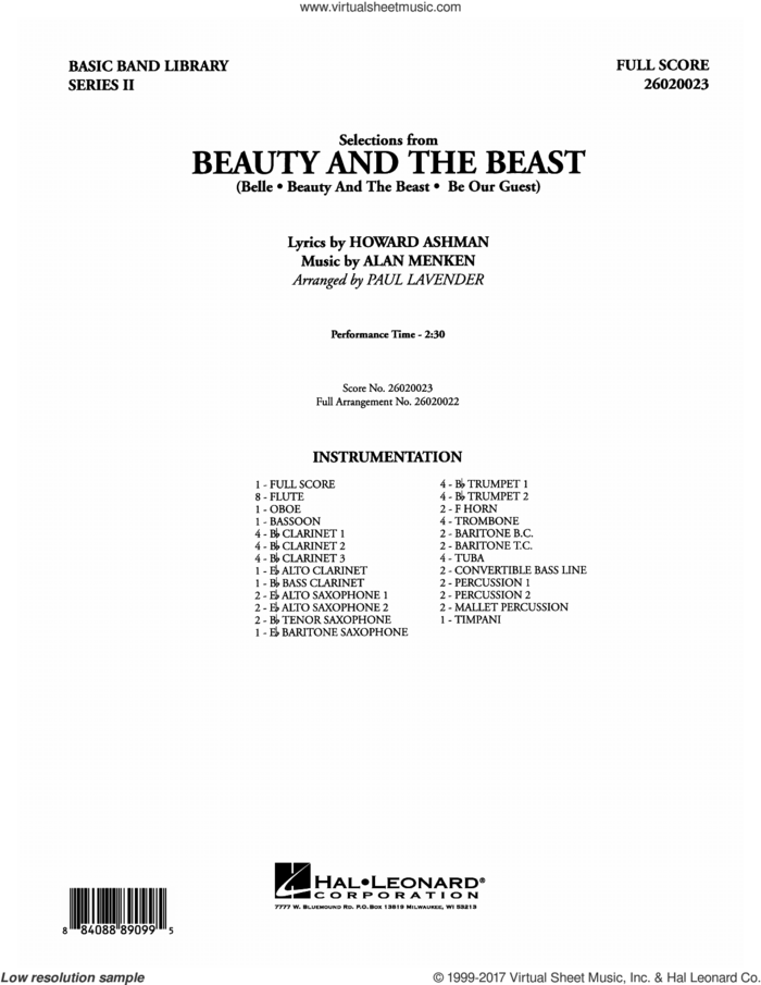 Selections from Beauty and the Beast (COMPLETE) sheet music for concert band by Alan Menken, Howard Ashman and Paul Lavender, intermediate skill level