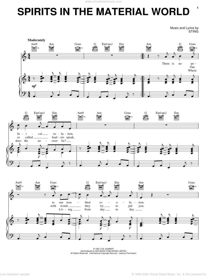 Spirits In The Material World sheet music for voice, piano or guitar by The Police and Sting, intermediate skill level