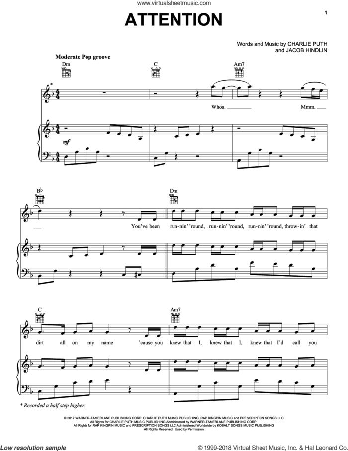Attention sheet music for voice, piano or guitar by Charlie Puth and Jacob Hindlin, intermediate skill level
