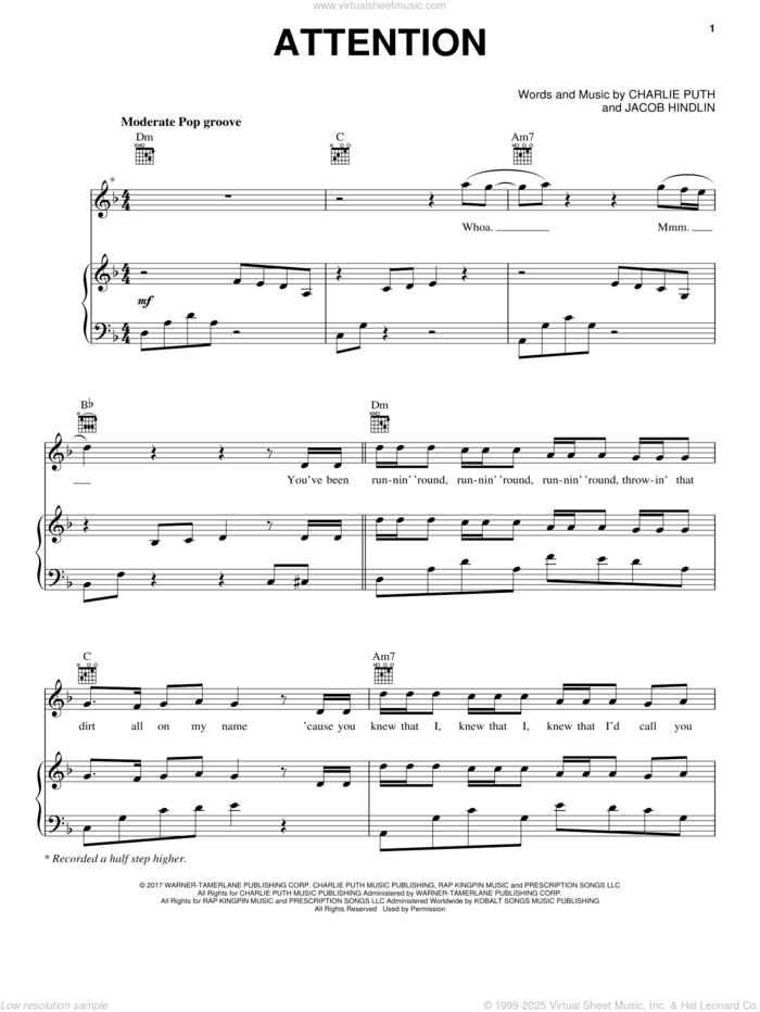 Attention sheet music for voice, piano or guitar by Charlie Puth and Jacob Hindlin, intermediate skill level