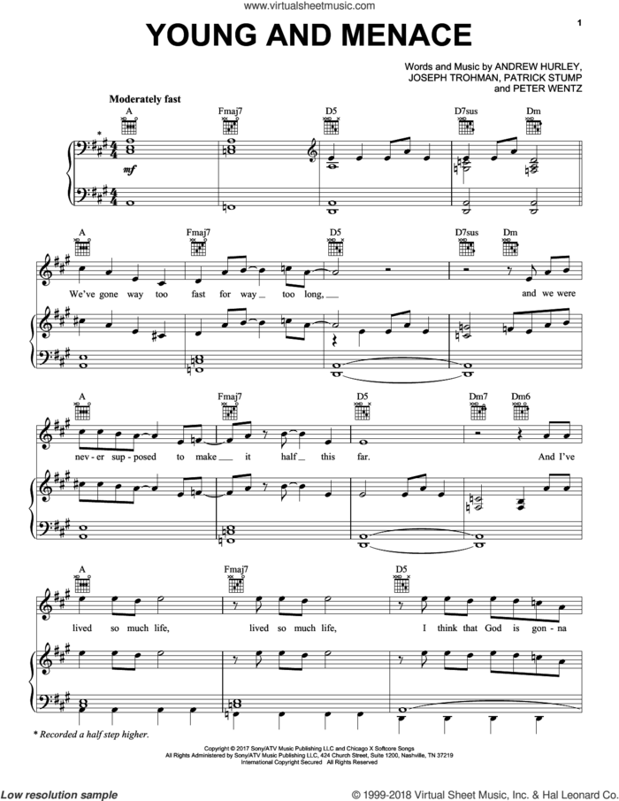 Young And Menace sheet music for voice, piano or guitar by Fall Out Boy, Andrew Hurley, Joseph Trohman, Patrick Stump and Peter Wentz, intermediate skill level