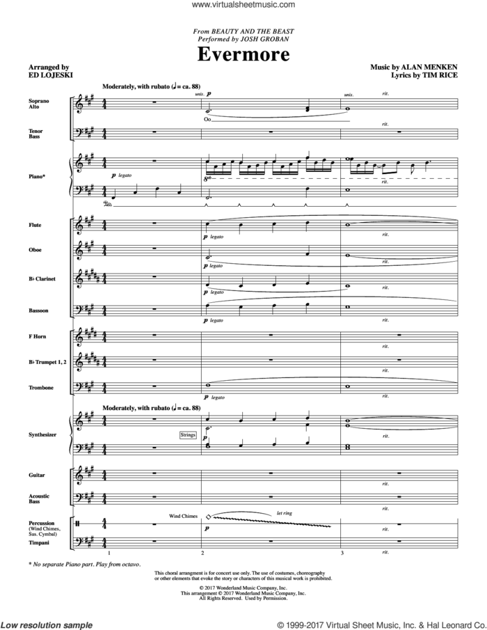 Evermore (from Beauty And The Beast) (arr. Ed Lojeski) (COMPLETE) sheet music for orchestra/band by Alan Menken, Ed Lojeski, Josh Groban and Tim Rice, intermediate skill level
