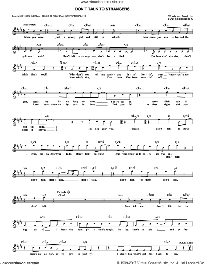 Don't Talk To Strangers sheet music for voice and other instruments (fake book) by Rick Springfield, intermediate skill level