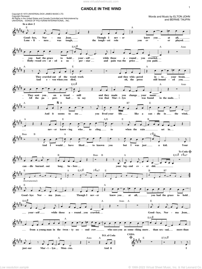 Candle In The Wind sheet music for voice and other instruments (fake book) by Elton John and Bernie Taupin, intermediate skill level