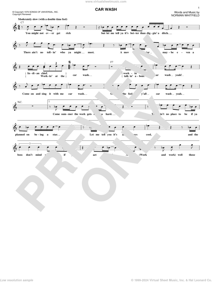 Car Wash sheet music for voice and other instruments (fake book) by Rose Royce and Norman Whitfield, intermediate skill level